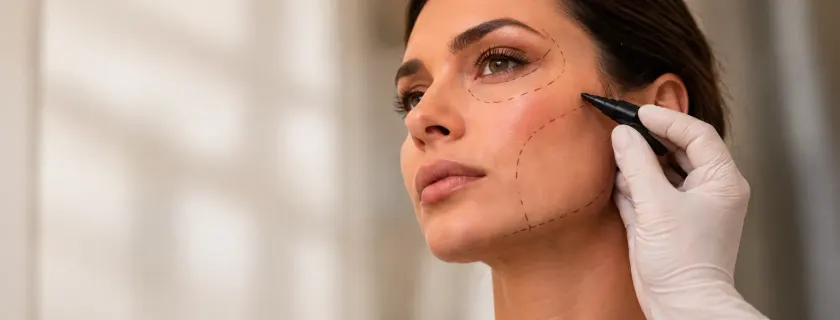 Marcação de planejamento no rosto, com luva e caneta demarcadora
