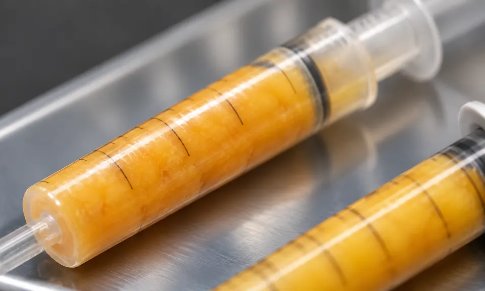 Seringas ilustrativas com material para enxerto em bandeja metálica