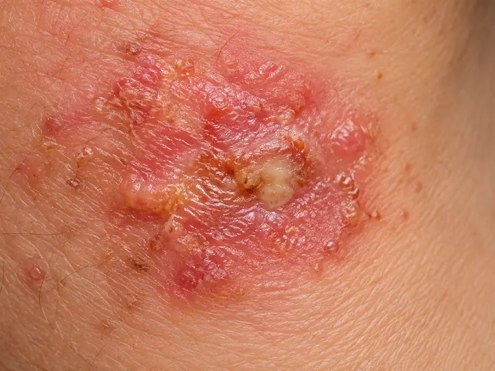 Imagem ilustrativa de lesão infecciosa da pele, no padrão discutido nas infecções bacterianas e virais.